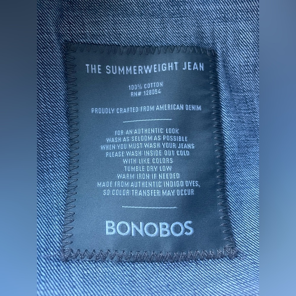 Bonobos mid wash, mid rise straight leg distressed, ripped denim jeans; 33 x 30 - Picture 7 of 7